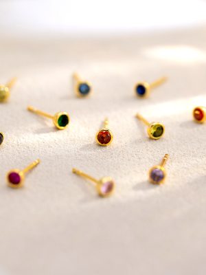 S925 Sterling Silver Twelve Raw Stone Earrings Women's Simple Geometric Round Color Stone Ear Holes Silver Earrings