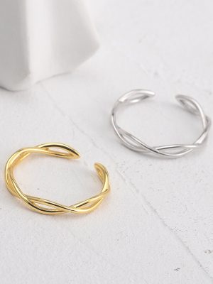 S925 Silver Plated 18K Gold Interwoven Opening Twist Ring Fashion Wave Sterling Silver Ring Ins Wind Design