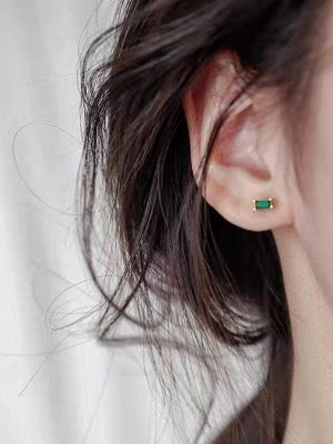 S925 Sterling Silver Plated 14K Gold Earrings Rectangular Mini Green Square Diamond Earrings Women's Vintage Light Luxury Small Green Diamond