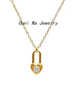 Japanese and Korean Style S925 Sterling Silver Plated 14K Gold Love Lock Necklace Women's Light Luxury Ins Simple All-match Collarbone Chain Ouni Na