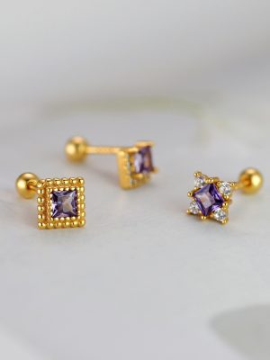S925 Sterling Silver Inlaid Purple Zircon Square Diamond Earrings for Women Simple Elegant Light Luxury Retro Exquisite Screw Earrings for Women