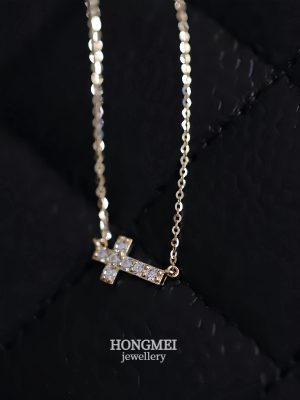S925 Sterling Silver Plated 18K Gold Full Diamond Exquisite Cross Necklace Women's Fine Flash Japanese Style Micro-inlay Simple Elegant Clavicle