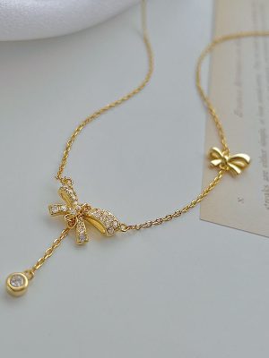 S925 Sterling Silver Plated 18K Gold Tassel Bow Necklace Female Beauty Tears High-end Light Luxury Clavicle Chain