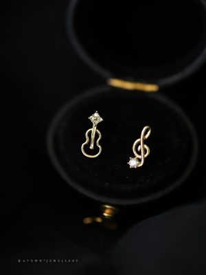 S925 Sterling Silver Gold Plated Earrings Women's Note Violin Musician Earrings Elegant Elegant Mini Japanese and Korean Earrings HME