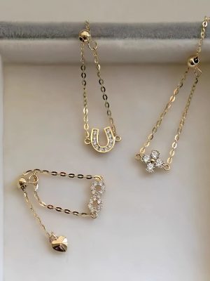 S925 Sterling Silver Plated 14K Gold Four-leaf Clover Diamond U-shaped 8-shaped Adjustable Chain Ring Women's Design Tail Ring