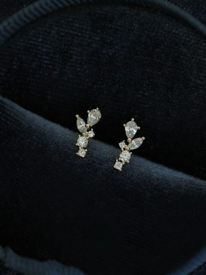 925 Sterling Silver Plated 18K Gold Mini Edition Wheat Spike Leaf Earrings with White Stone Vine Small and Simple Elegant Earrings for Women
