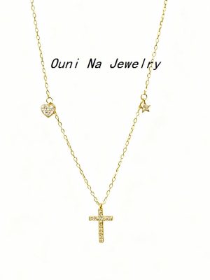 S925 Sterling Silver Plated 14K Gold Cross Necklace Women's Ins Simple Star Versatile Elegant Diamond Loving Clavicle Chain Ouni Na
