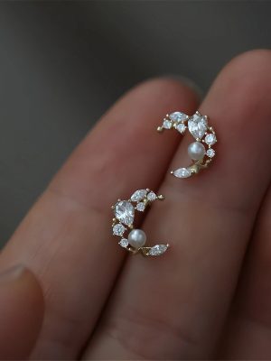 S925 Sterling Silver Plated 14K Gold Diamond Pearl Crescent Earrings Women's High-grade Exquisite Moon Same Earrings