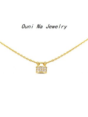 S925 Sterling Silver Plated 14K Gold Lock Head Full Diamond Necklace Women's Elegant Flash Diamond High-grade Light Luxury Clavicle Chain Ouni Na