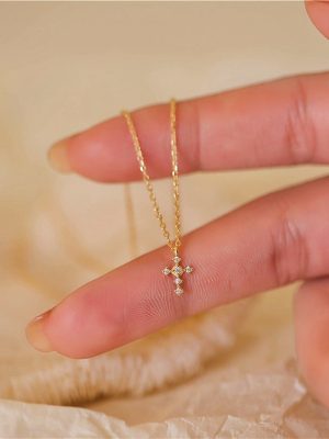 S925 Sterling Silver Plated 14K Gold Mini Cross INS Elegant All-match Zircon Stacked Necklace Women's Clavicle Chain