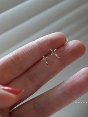 S925 Sterling Silver Plated 14K Gold Cross Earrings Women's Simple Mini Handmade Light Luxury Zirconium Emerald Ouni Na