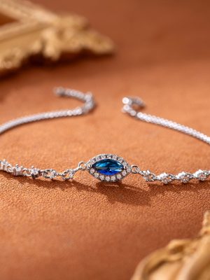 S925 Sterling Silver Inlaid Horse Eye Sapphire Bracelet Women's Full Diamond Light Luxury Retro High-grade All-match Bracelet