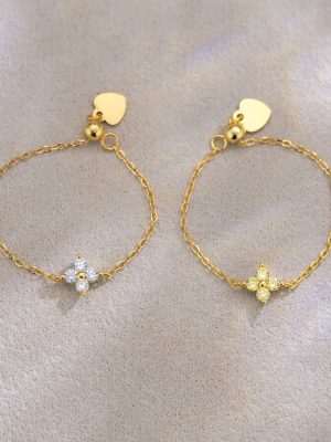 S925 Sterling Silver Four-leaf Clover Chain Ring Women's Light Luxury Fashion Design Finger Ring Adjustable Pull-out Ring