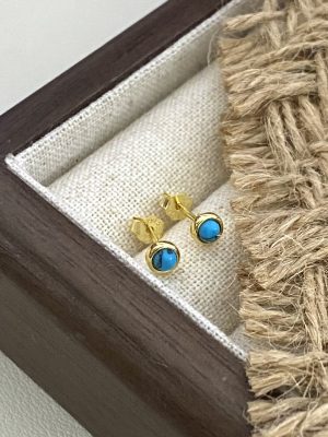 New Natural Turquoise Earrings S925 Sterling Silver Plated 18K Gold Design Mini Round Blue Ear Nail Ins