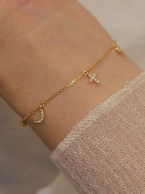Factory S925 Sterling Silver Plated 14K Gold Star Moon Cross Bracelet Women's Senior Bracelet Ouni Na