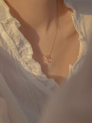 Heart to Heart Necklace Women's S925 Sterling Silver Plated 14K Gold Light Luxury Design Love Diamond Clavicle Chain Ouni Na