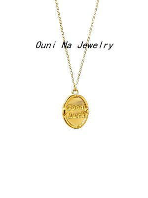 S925 Sterling Silver Plated 14K Gold Design Simple GOOD LUCK Oval Pendant Necklace Elegant Personality Ouni Na