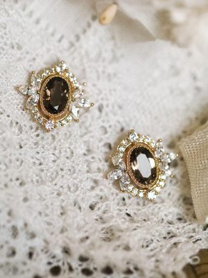S925 Sterling Silver Plated 14K Gold Diamond Earrings Women's Vintage Light Luxury Delicate Inlaid Coffee Stone High-grade Earrings