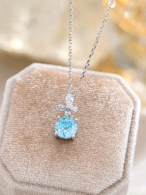 S925 Sterling Silver Blue Fireworks Cut Zircon Butterfly Necklace Women's Light Luxury Elegant Fashion All-match Clavicle Chain