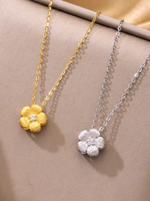 S925 Sterling Silver Brushed Diamond Three-dimensional Small Flower Necklace Women's Light Luxury Simple High Elegant Clavicle Chain