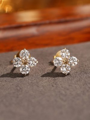 Shining Star ~ S925 Sterling Silver Gold Plated Lucky Four-leaf Clover Zircon Earrings Daily Commute Japanese Light Luxury HME