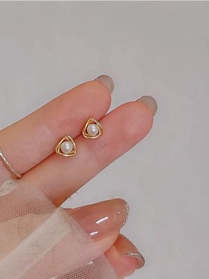 S925 Sterling Silver Gold Plated Pearl Earrings Women's Elegant Small Fresh Hollow Triangle Line Korean Versatile Earrings