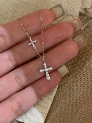 S925 Sterling Silver Diamond Double Cross Pendant Necklace Women's Light Luxury Design High-grade All-match Clavicle Chain