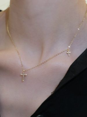 S925 Sterling Silver Plated 14K Gold Cross Diamond Necklace Simple Classic Light Luxury Clavicle Chain Female Ouni Na