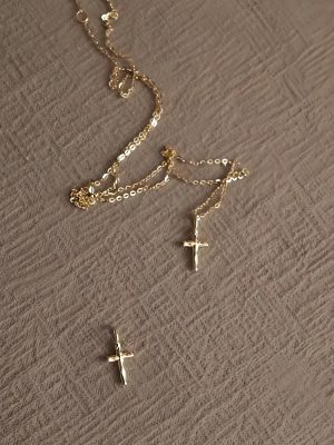 S925 Sterling Silver Plated 14K Gold Cross Necklace Women's Bump Mini Retro Light Luxury High Elegant Clavicle Chain