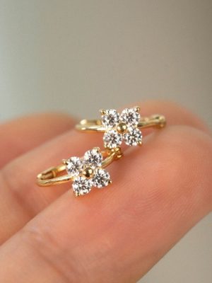S925 Sterling Silver Plated 18K Gold Four-leaf Clover Zircon Ear Buckle Earrings Small and Exquisite High Elegant Light Luxury Earrings HME