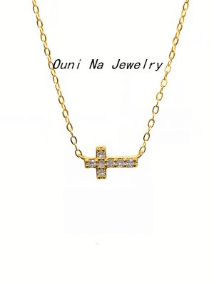 S925 Sterling Silver Plated 14K Gold Diamond Cross Necklace Women Ins Style Simple Clavicle Chain Design Ouni Na