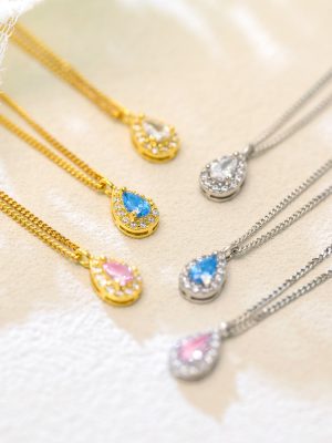 S925 Pure Silver Powder Blue Tears Water Drop Necklace Women's Flash Diamond Light Luxury Exquisite Elegant All-match Clavicle Chain