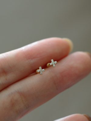 S925 Sterling Silver Plated 18K Gold Mini Cross Exquisite Screw Earrings Sleep Free Commuter All-match Daily HME
