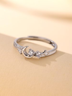 S925 Sterling Silver Inlaid Zircon Moon Four Mans Star Ring Women's Simple Fashion Elegant All-match Open Ring