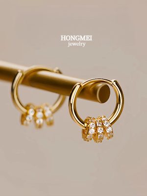 S925 Sterling Silver Plated 18K Gold Exquisite Three Circle Ring Ear Buckle Women's Design Light Luxury One-Style Two-Wear Earrings
