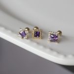 S925 Sterling Silver Plated 18K Gold Ear Nail Purple Zircon Square Diamond Design Simple Temperament Personality Ear Bone Nail HME