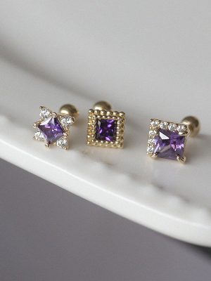 S925 Sterling Silver Plated 18K Gold Ear Nail Purple Zircon Square Diamond Design Simple Temperament Personality Ear Bone Nail HME