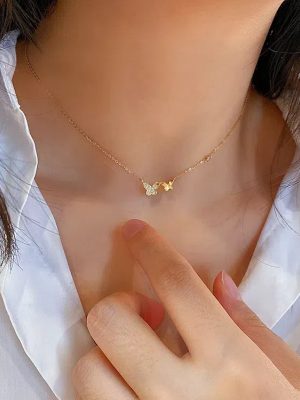 S925 Sterling Silver Plated 14K Gold Double Butterfly Necklace Women's Fashion All-match Simple Glow Zircon Pendant Clavicle Chain Women