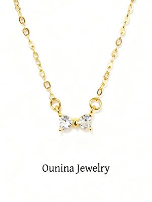 S925 Sterling Silver Plated 14K Gold Fine Flash Diamond Necklace Female Sweet Heart Bow Pendant Collarbone Chain Female Ouni Na