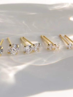 S925 Sterling Silver Plated 14k Gold Earrings Mini Versatile Classic Four Claw Single Diamond Zircon Japanese and Korean Simple Earrings Female Ouni Na