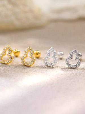 S925 Sterling Silver New Chinese Folu Diamond-encrusted Hollow Gourd Earrings Women's Small and Exquisite Simple High-grade Earrings