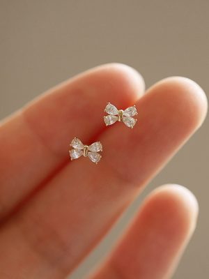 Japanese and Korean S925 Sterling Silver Plated 14K Gold Bow Zircon Earrings Women's Summer New Design Earrings Ouni Na