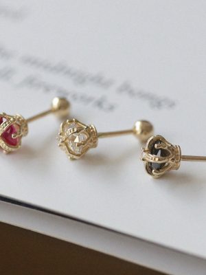 S925 Silver Plated 14k Gold Ear Nail Female Pace Crown Inlaid Zircon Screw Ball Ear Nail HME