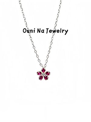 S925 Sterling Silver Plated 14K Gold Five-petal Flower Necklace Women's Rose Red Flower Pendant High-grade Japanese Style Light Luxury Clavicle Chain Ouni Na