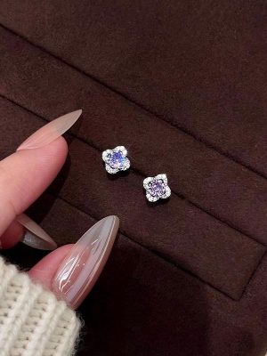 S925 Silver Plated Platinum Purple Flower Earrings Inlaid with Zircon Light Luxury Retro High-grade Cold Style Earrings