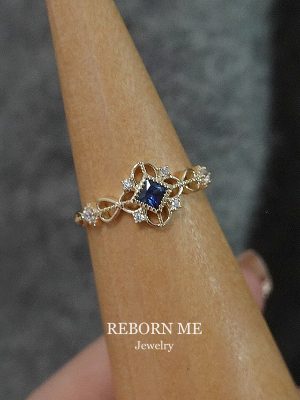 S925 Sterling Silver Plated 14K Gold Ring Female Sapphire Zircon Japanese Vintage Palace Hollow Simple Ring HME