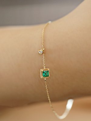 Green Light ~ S925 Silver Plated 14K Gold Emerald Zircon Bracelet Fine Simple Women's Sugar Ins Design HME