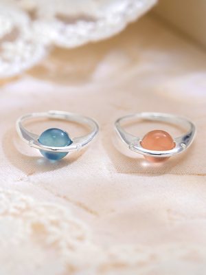 S925 Sterling Silver Natural Aquamarous Planet Ring Women's Fashionable Simple Pink Crystal Finger Ring Light Luxury Commuting Trendy Ring