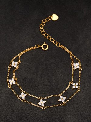 S925 Sterling Silver Inlaid Zircon Double-layer Four-leaf Clover Bracelet Women's Exquisite Simple Elegant Fashion Twin Flower Hand Jewelry