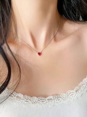 S925 Sterling Silver Plated 14K Gold Love Pendant Necklace Women's Peach Heart Simple Red Corundum Simple Clavicle Chain